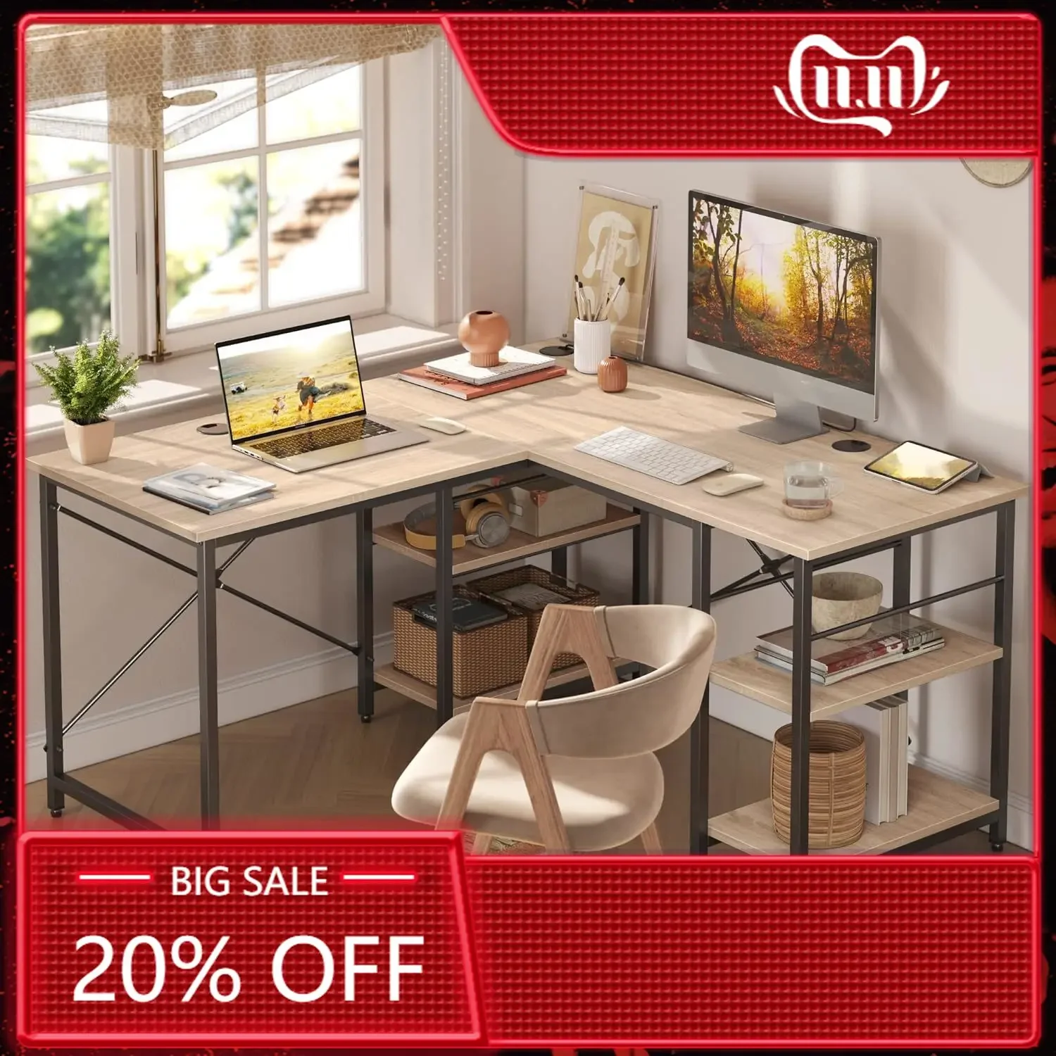 Home Office L Shaped Desk - Bestier L Shaped Desk with Shelves