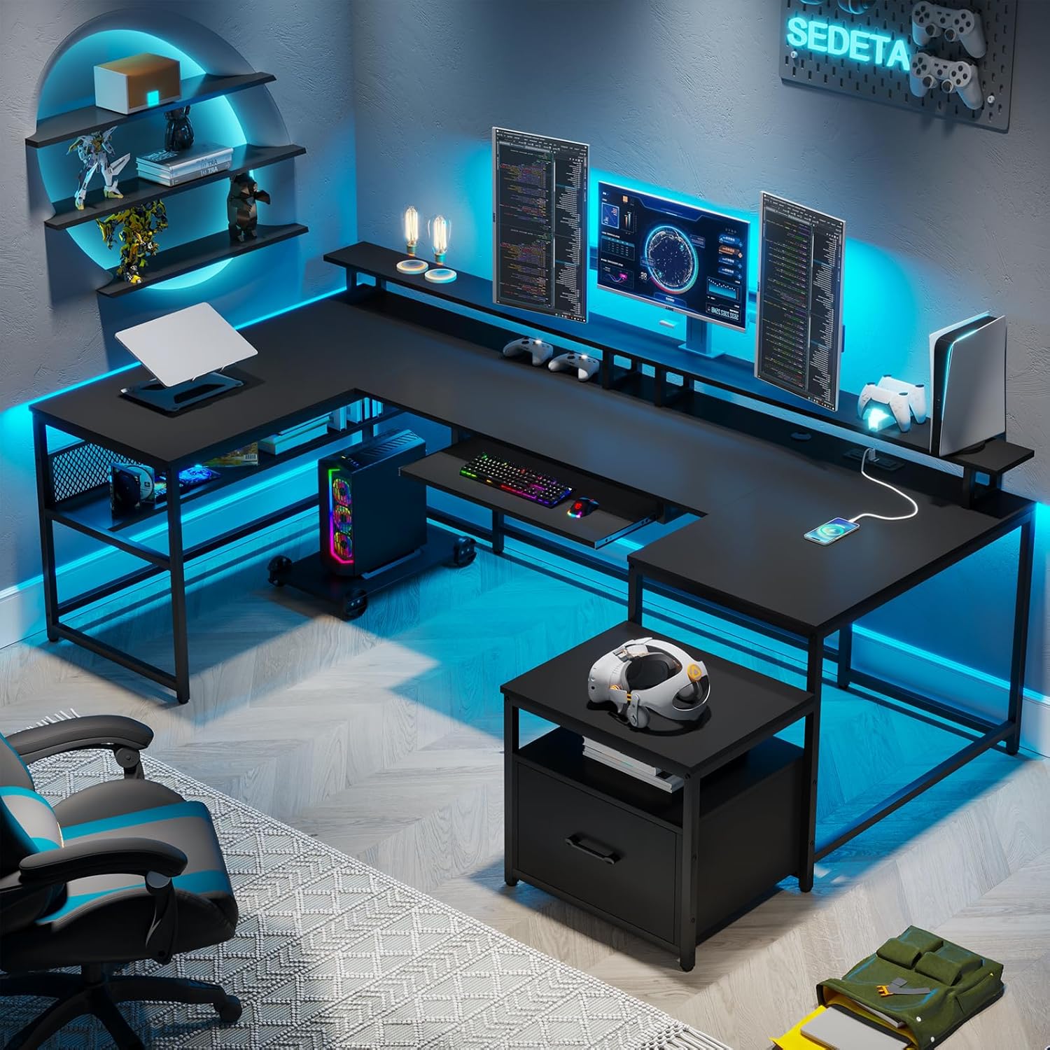 Home Office L Shaped Desk - U Shaped Desk,101.5''Reversible L Shaped Home
