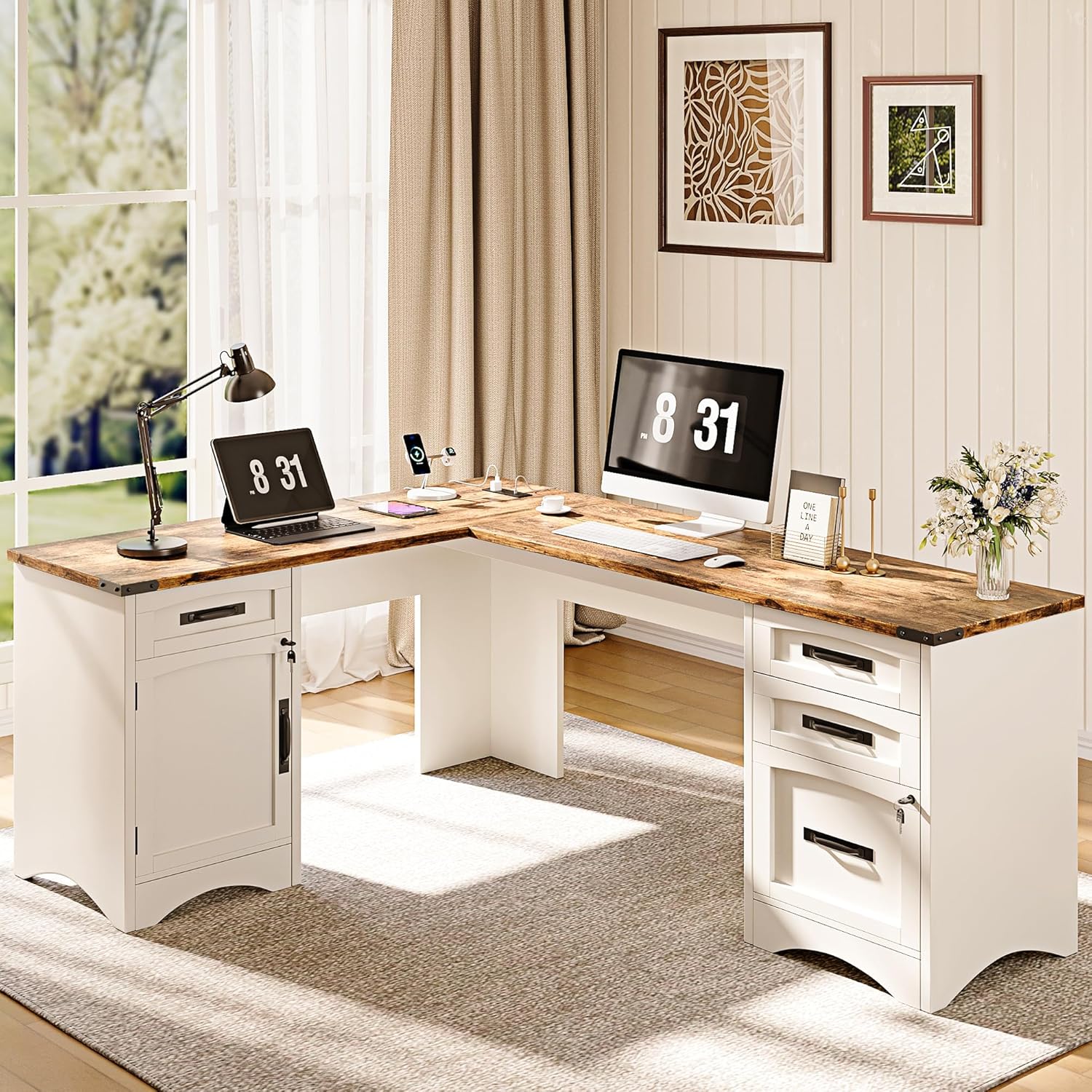 Home Office L Shaped Desk - L-Shaped Executive Desk with Drawers 67in